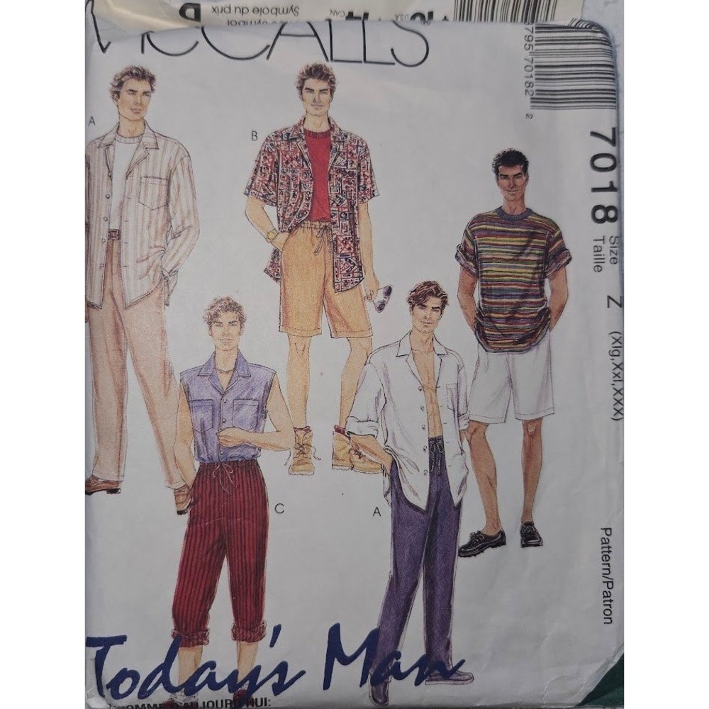 Vintage McCalls 7018 Mens Shirt T-Shirt Pants Shorts Sewing Pattern Size XL XXL
